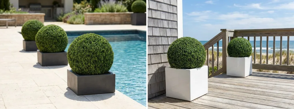 Three artificial boxwood balls in charcoal planters along a sunny pool deck, and a pair in white square planters on the sunny deck of a gray-shingled beach house above the dunes.