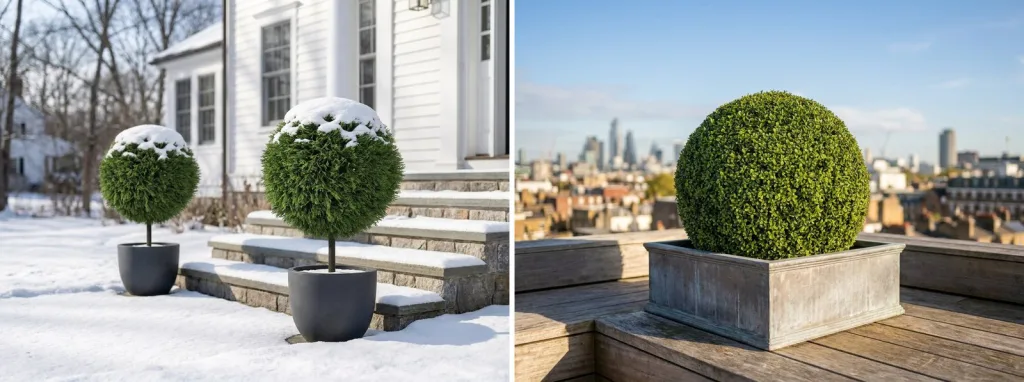 Two artificial cedar balls on stems in dark planters by snowy stone steps with snow on top, and a large artificial boxwood ball in a stone planter on a windy city rooftop deck.