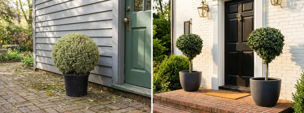 A variegated boxwood ball in a black pot by a green side door, and a pair of boxwood balls on stems in black pots either side of a front door.