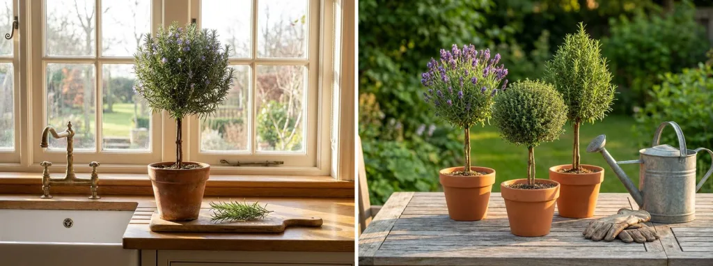 A small rosemary topiary standard in a terracotta pot on a sunny kitchen windowsill, and small lavender, thyme and rosemary topiaries in terracotta pots on a patio table.