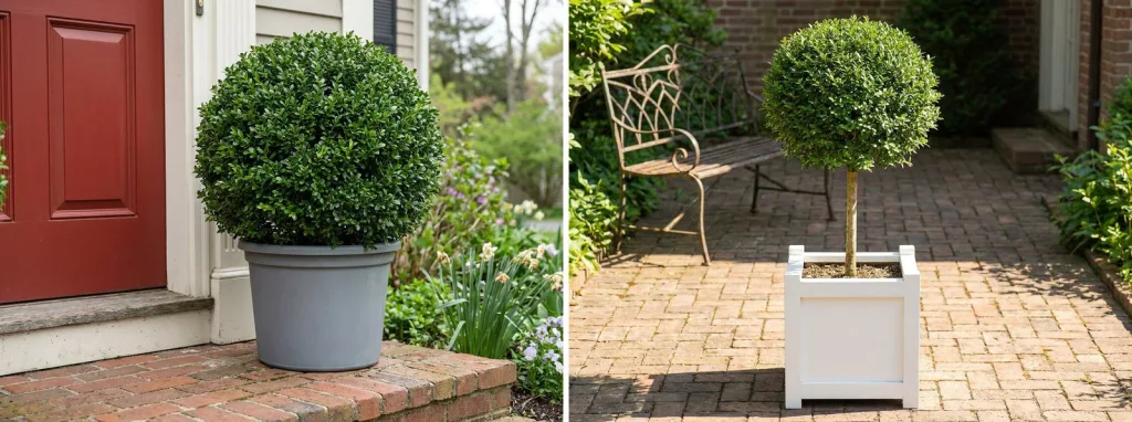 A clipped Japanese holly ball in a gray planter on a brick front step by a red door, and a privet standard with a round head in a white planter in a brick courtyard.
