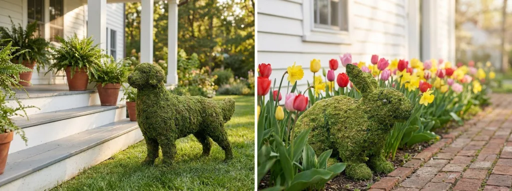 A mossed dog topiary on a lawn beside porch steps, and a mossed bunny topiary in a spring flower bed.