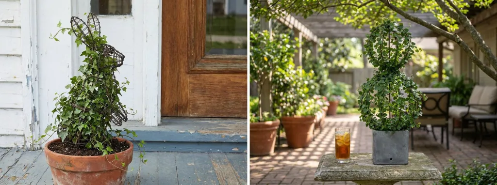 English ivy growing up a wire rabbit frame in a terracotta pot on a porch, and creeping fig trained over a wire ball frame in a gray pot on a patio table.