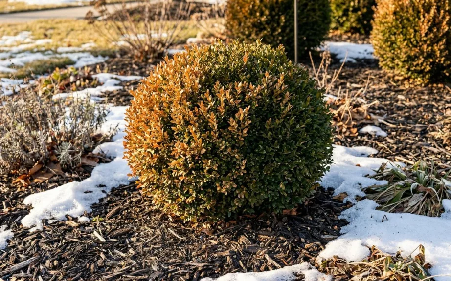 A boxwood ball in a front garden bed in late winter with orange-bronze leaves on its sunny side and patches of snow on the mulch.