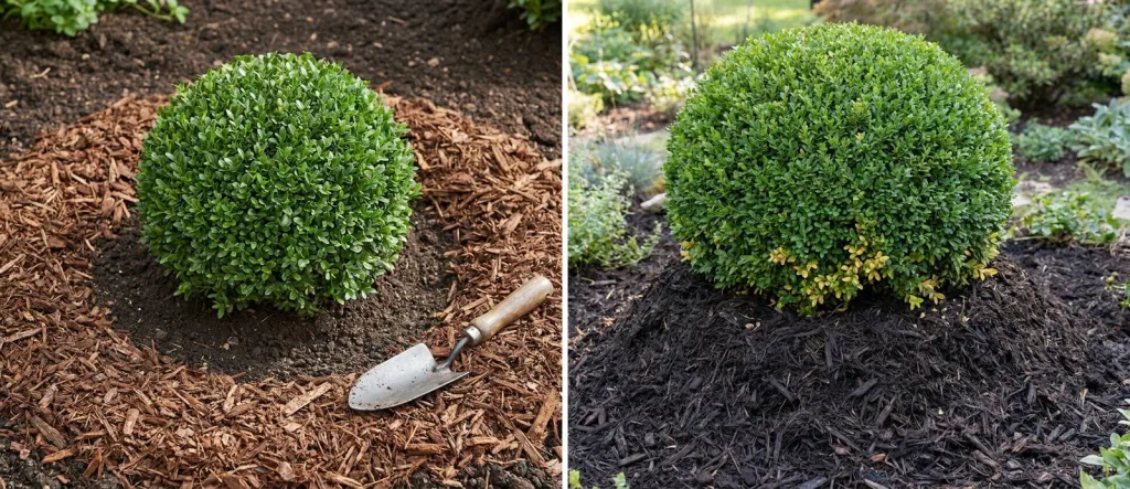 Two boxwood balls in garden beds: on the left a flat one-inch ring of bark mulch kept clear of the stems, on the right bark mulch heaped into a tall mound against the stems with yellowing lower leaves.