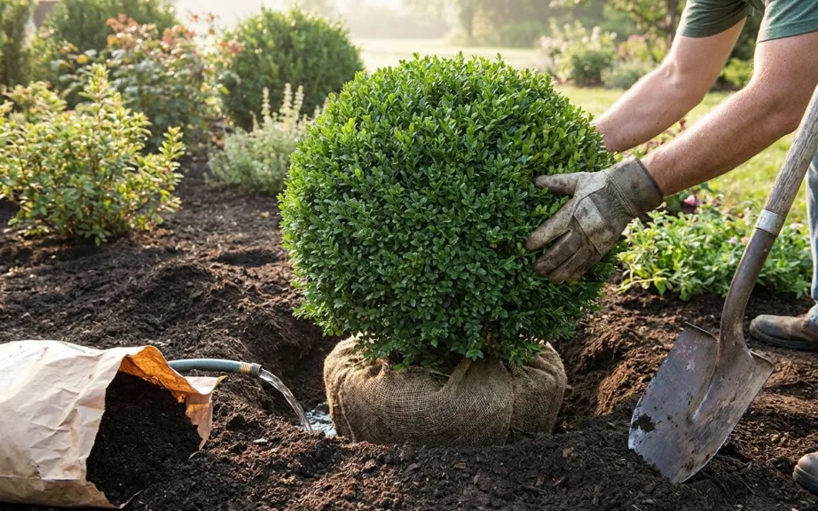A live boxwood ball with a burlap root ball being set into a wide planting hole next to a hose and a bag of compost.