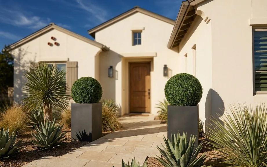 A pair of UV-rated artificial boxwood balls in tall charcoal planters by the front door of a cream stucco house in strong Texas sun.