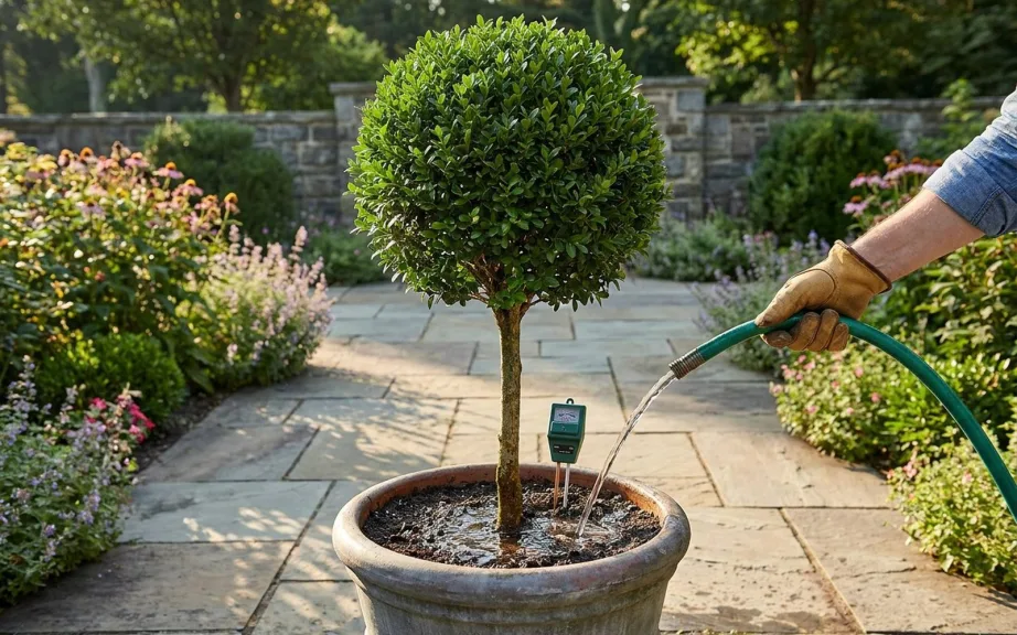 A gloved hand watering a boxwood ball on a stem in a large gray pot slowly at the base with a hose, with a moisture meter in the soil.