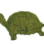 Moss-covered wire-frame turtle topiary with visible frame lines and small eyes, on a white background.