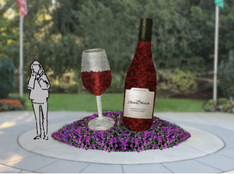 Digital rendering of a wine bottle and glass topiary with a wine label mockup, duplicate of another image