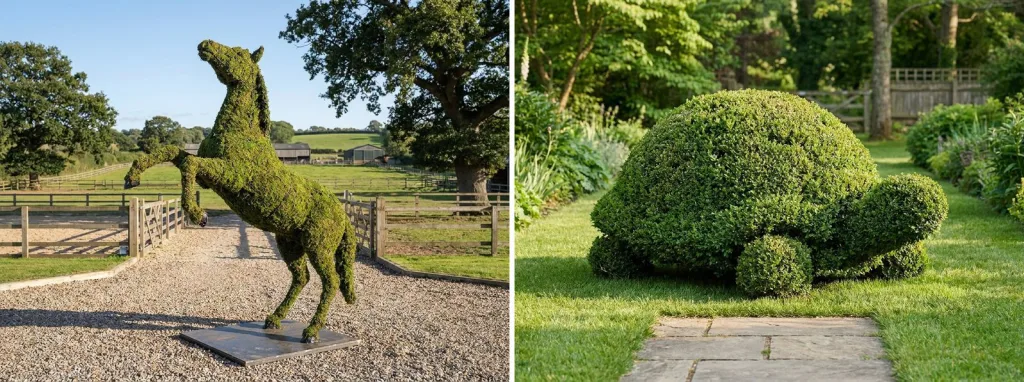 A tall mossed topiary horse rearing on its back legs beside a gravel drive near a paddock fence, and a large clipped boxwood turtle on a lawn beside a stone path.