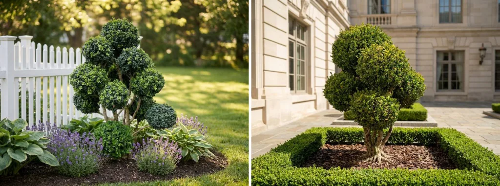 A cloud-pruned tree with separate clipped rounded pads on bare branches in a flower bed by a white picket fence, and another cloud-pruned tree in a boxwood-edged bed in a stone courtyard.