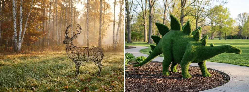 A bare steel wire deer frame standing in a misty meadow at sunrise, and a large green turf-covered stegosaurus in a park bed beside a curving path.