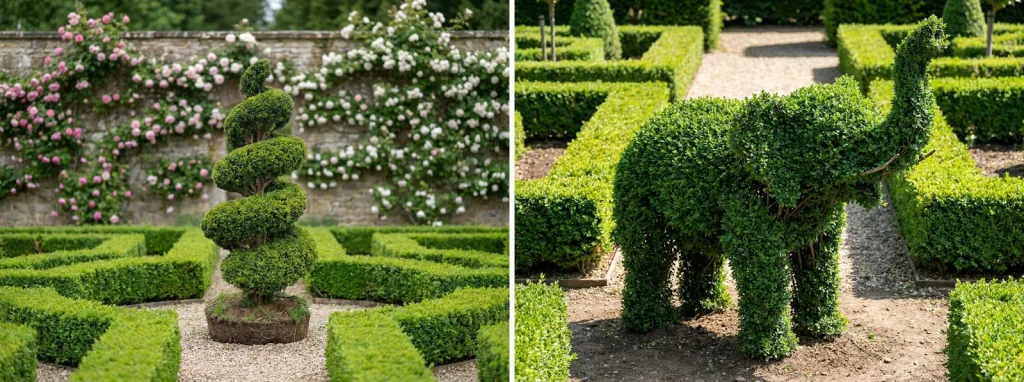 A tall clipped boxwood spiral at the center of a boxwood parterre in front of a wall covered in climbing roses, and a clipped boxwood elephant standing in a formal boxwood maze.
