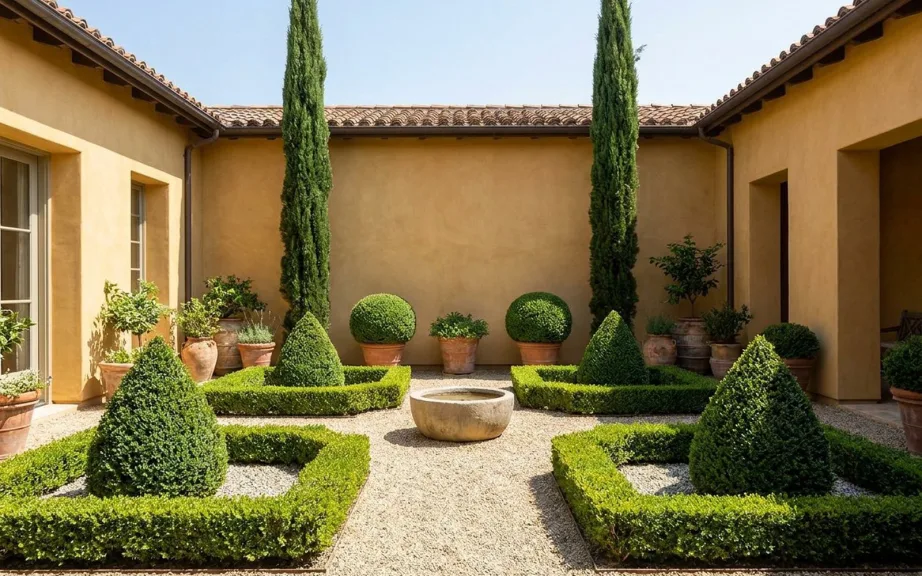 A walled courtyard garden with low clipped boxwood edging around gravel beds, clipped boxwood cones and balls, a stone basin in the center and two tall cypresses against an ochre wall.
