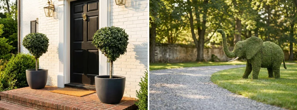 A pair of boxwood balls on stems in black pots beside a black front door, and a mossed elephant topiary on a lawn beside a gravel drive.
