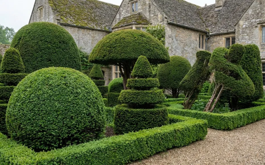 An old formal garden of large clipped yew shapes in front of a stone house: broad domes, tiered cones and a mushroom-shaped umbrella, with low boxwood edging and gravel paths.