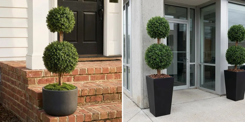 An artificial double ball boxwood topiary in a charcoal planter dressed with green sheet moss by a black front door, and a pair of the same topiaries in black planters dressed with dark bark mulch at an office entrance.