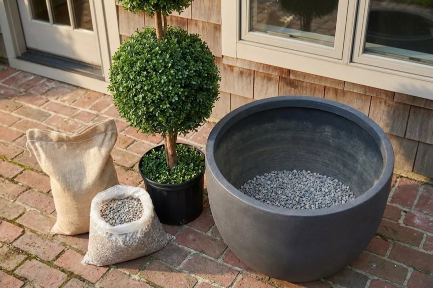 A charcoal planter on a brick patio with pea gravel filling its bottom third, bags of gravel and sand beside it, and an artificial double ball boxwood topiary waiting in its black grower's pot.