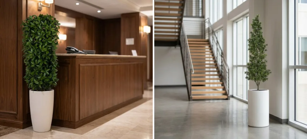 An artificial bay laurel topiary in a tall white planter by a hotel reception desk, and a tall artificial podocarpus tree in a white cylinder planter in a bright office atrium.