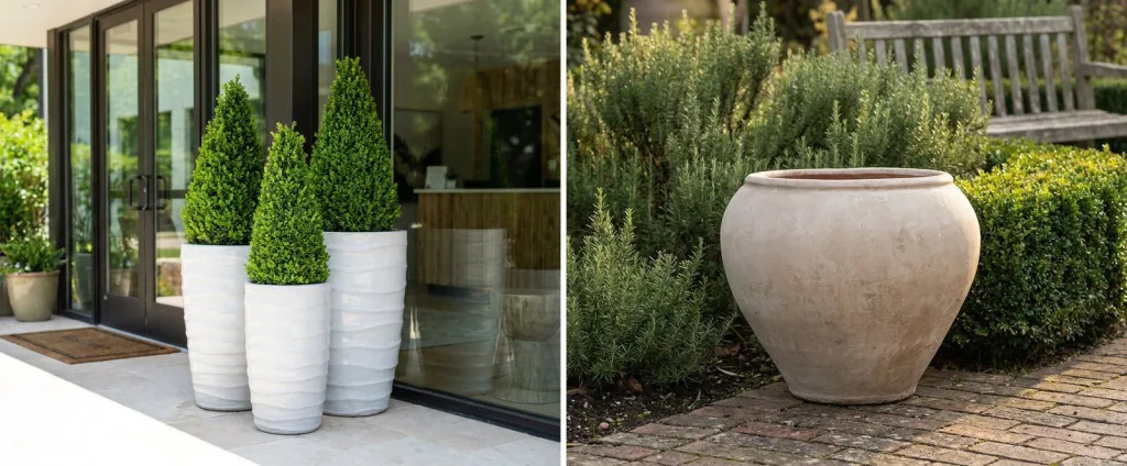 Three white ridged planters holding artificial cone topiaries at a glass shop entrance, and a wide stone-colored jar planter on a brick garden terrace.