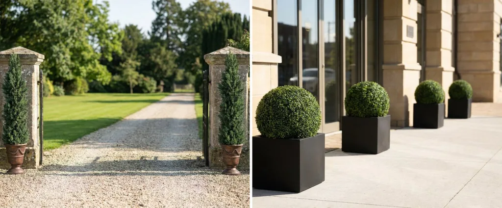 Two tall artificial cypress trees in bronze urns at stone gate piers on a gravel drive, and four artificial boxwood balls in square black planters along a hotel front.