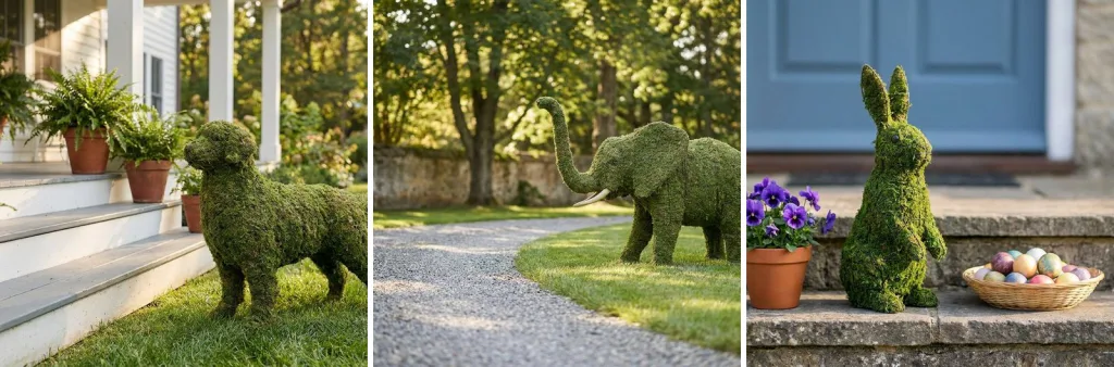 A mossed dog topiary on a lawn by porch steps, a mossed elephant beside a gravel drive, and a mossed bunny on a stone step with Easter eggs.
