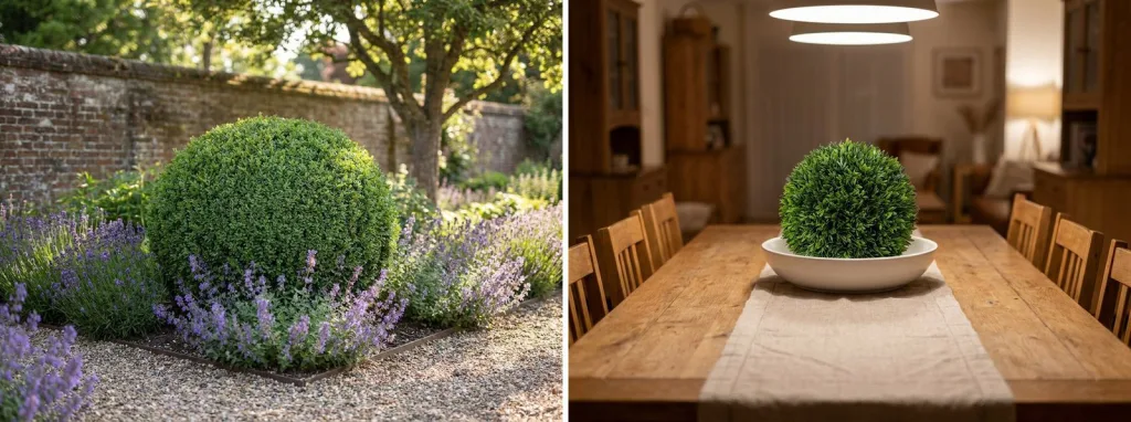 A large live boxwood ball among lavender in a gravel garden, and a small artificial boxwood ball in a white bowl on a dining table.