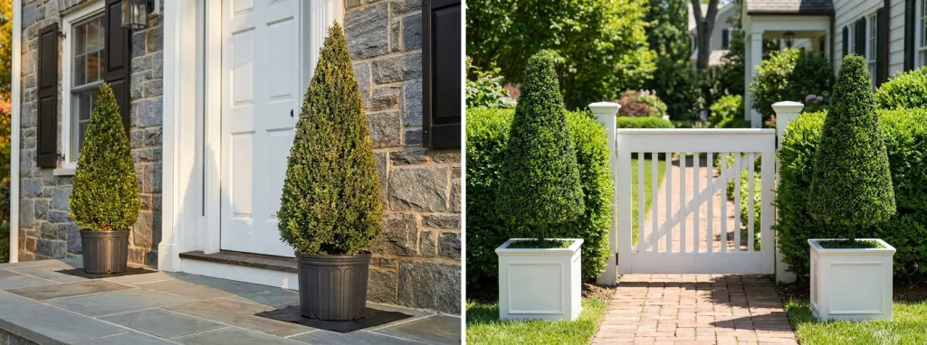 A pair of live cone topiaries by a stone house front door, and two tall cones in white planters either side of a garden gate.