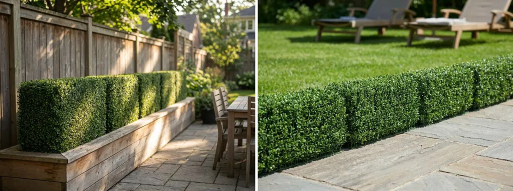 An artificial boxwood hedge in a long wooden planter along a fenced patio, and a low boxwood edging hedge beside a stone path.