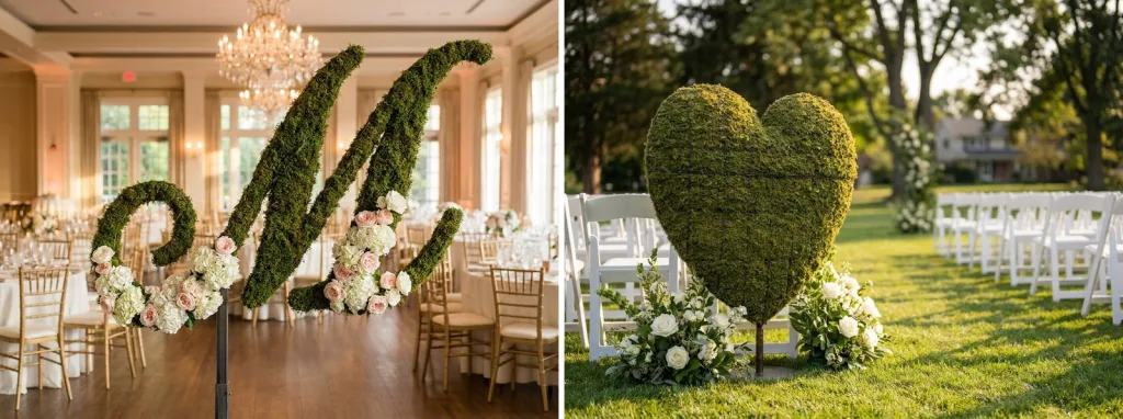 A mossed script letter M dressed with white hydrangeas and blush roses at a ballroom reception, and a mossed heart topiary beside the aisle at an outdoor wedding.