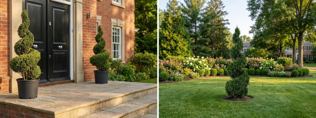 Two boxwood spirals in black pots by a red brick front door, and a single tall spiral standing in a lawn in front of a flower border.