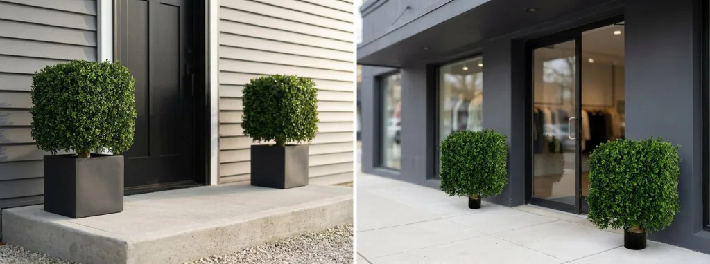 A pair of artificial square boxwood topiaries in charcoal planters by a modern front door, and two squares either side of a shop entrance.