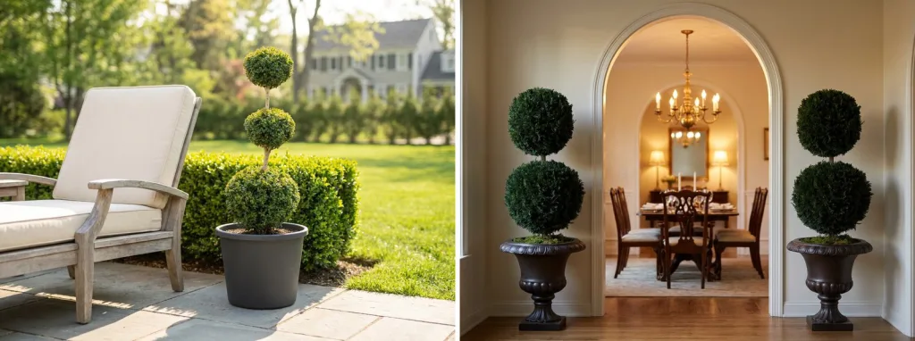 A live triple ball topiary in a gray pot beside a patio chair, and a pair of preserved double ball topiaries in black urns at a dining room doorway.