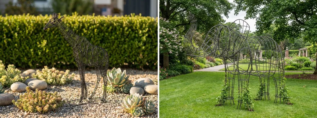 A bare wire giraffe frame in a gravel bed of succulents in front of a hedge, and a large bare wire elephant frame on a lawn with young climbers planted at its feet.