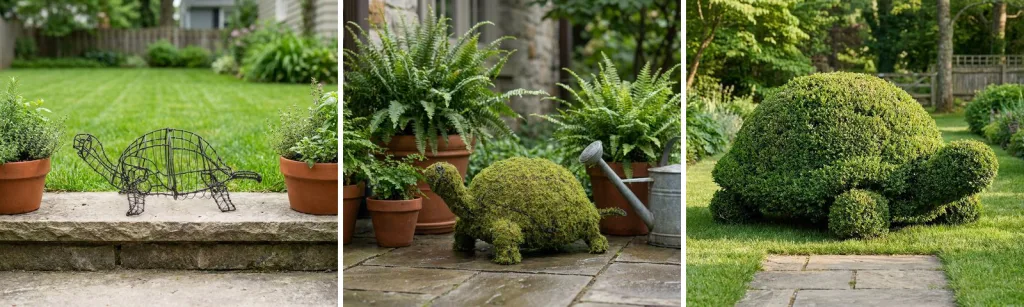 A bare wire turtle frame on a stone step between two potted herbs, a mossed turtle topiary on a patio among ferns, and a clipped live boxwood turtle on a garden lawn.