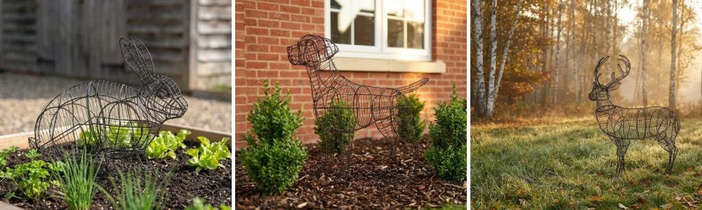 A bare wire rabbit frame in a raised vegetable bed, a bare wire Labrador frame in a bed of young boxwood by a brick house, and a bare wire deer frame on a lawn at the edge of woods.