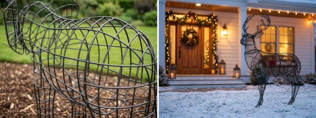 A close-up of a bare steel rod topiary frame in a mulched garden bed, showing small welded joints where the rods cross, and a bare wire deer frame by a front door in snow.