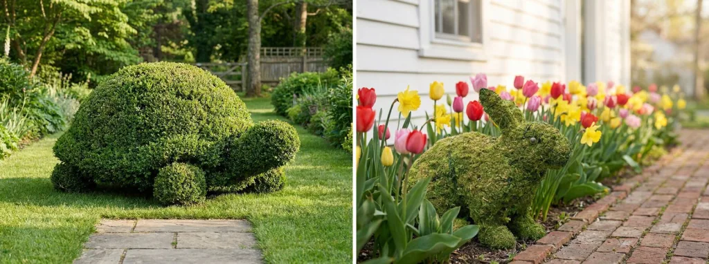 A large clipped live boxwood turtle on a lawn beside a stone path, and a mossed bunny topiary among red and yellow tulips along a brick path.