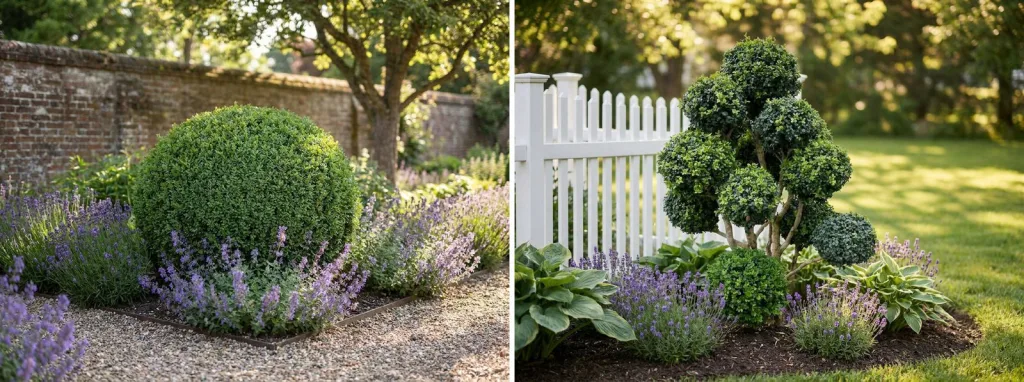 A large clipped boxwood ball in a gravel bed surrounded by lavender, and a cloud-pruned pom pom topiary as the centerpiece of a flower bed by a white picket fence.