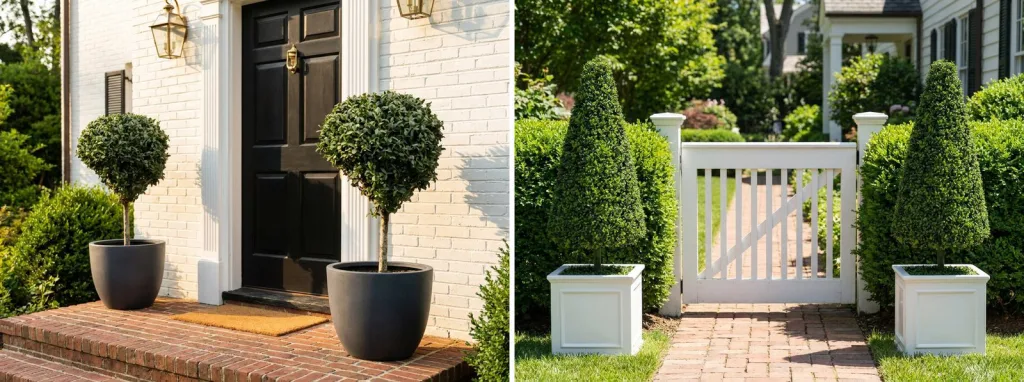 A pair of boxwood balls on stems in black pots either side of a black front door, and two tall boxwood cones in white planters either side of a garden gate.