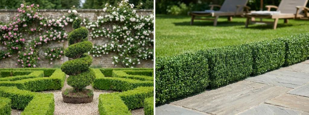 A tall boxwood spiral at the center of a low boxwood parterre against a rose-covered wall, and a low clipped boxwood edging along a stone path by a lawn.