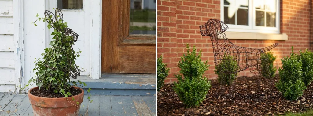 English ivy trained up a wire rabbit frame in a terracotta pot on a porch, and a bare wire dog frame standing in a mulched bed among small shrubs by a brick house.