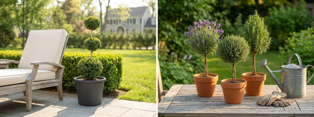 A live boxwood triple ball topiary in a gray pot beside a patio lounge chair, and small lavender, thyme and rosemary topiaries in terracotta pots on a patio table.