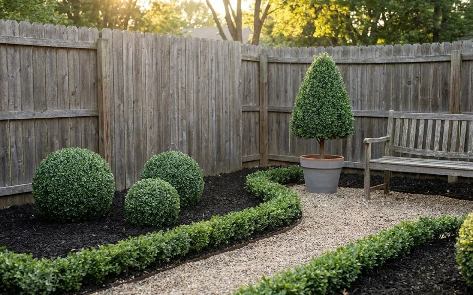 A small backyard topiary garden by a wooden fence: three clipped boxwood balls of different sizes in a mulched bed, a low boxwood edging along a gravel path, a boxwood cone in a gray pot and a wooden bench.