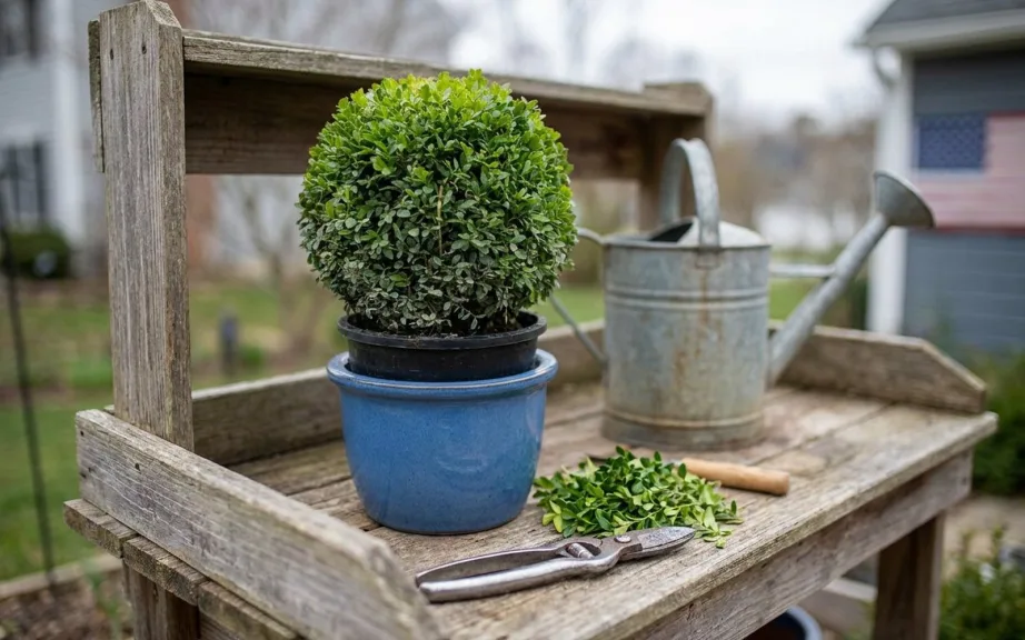 A small boxwood ball in a blue pot on a wooden potting bench with a galvanized watering can, a pair of hand shears and a small pile of fresh clippings.