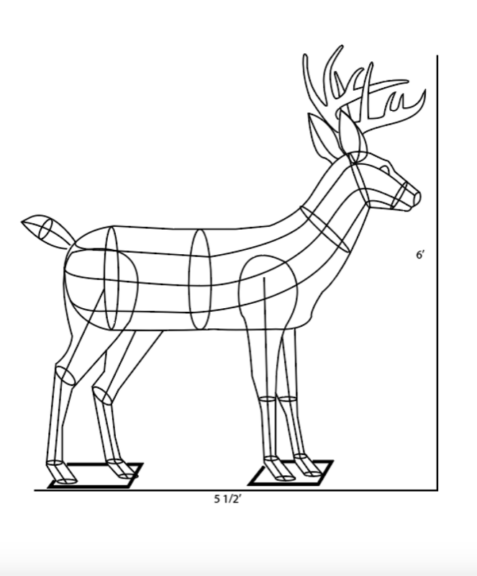 Line drawing of a deer topiary wire frame, marked 6 ft tall and 5 and a half feet long