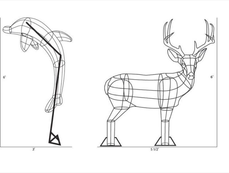 Line diagram of a deer topiary frame and a dolphin arch outline with size labels.