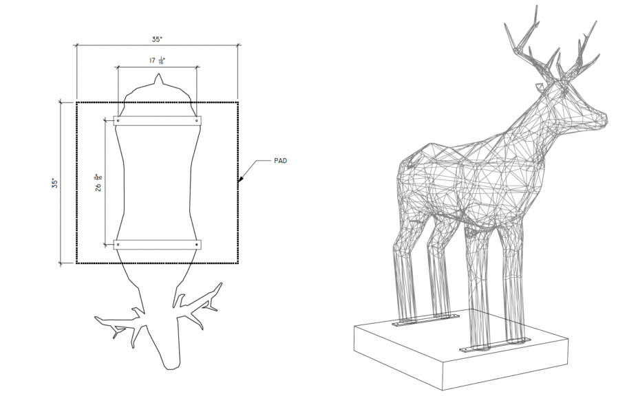 CAD sheet showing a stag topiary on a concrete pad beside a 35 inch mounting plate detail