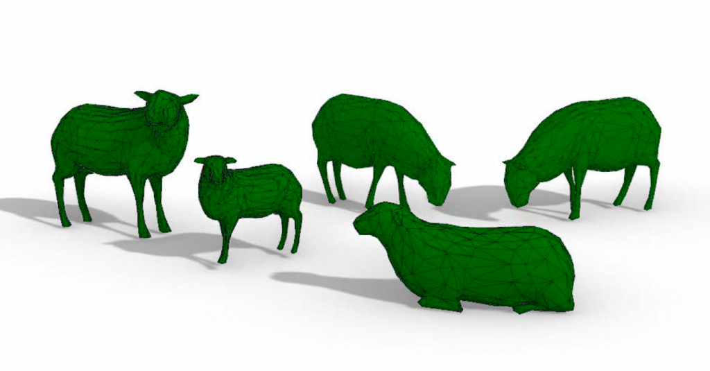 3D render of five sheep in standing, grazing and lying poses on a plain ground